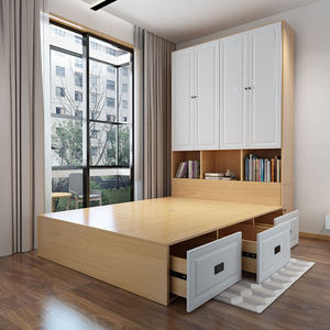 北欧款小户型卧室榻榻米衣柜一体床实木高箱储物床榻榻米床可定制