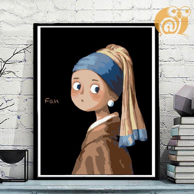 数字油画成人手工diy减压名画q版蒙娜丽莎戴珍珠耳环的少女填充画