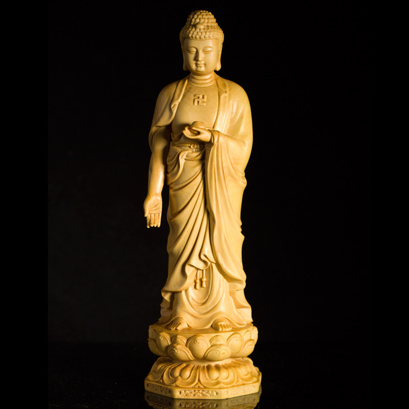 黄杨木手工雕刻立莲如来佛祖摆件阿弥陀佛供奉佛像工艺品实木开光