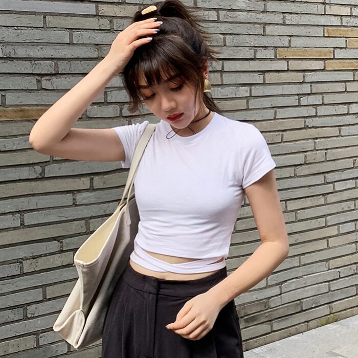 白色露脐短袖女夏性感后背小心机系带紧身高腰v领小款短款t恤上衣