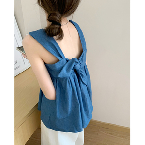 胖妹妹大码蝴蝶结牛仔吊带背心女夏外穿露背绑带甜美宽松无袖上衣