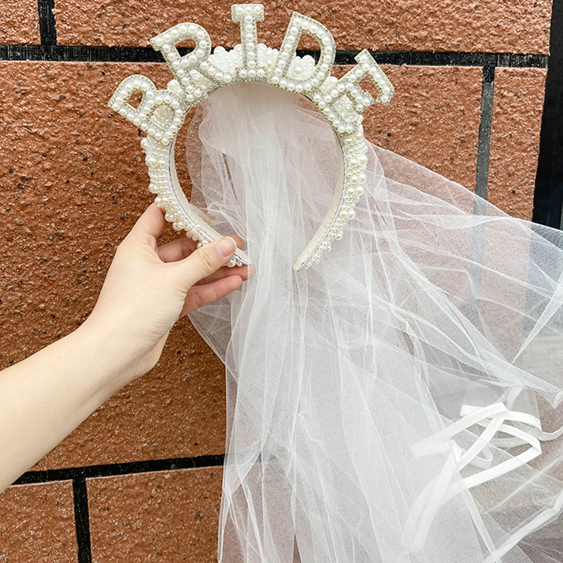 Bride to be Pearl crown tiara veil Bach Bachelorette hen Par