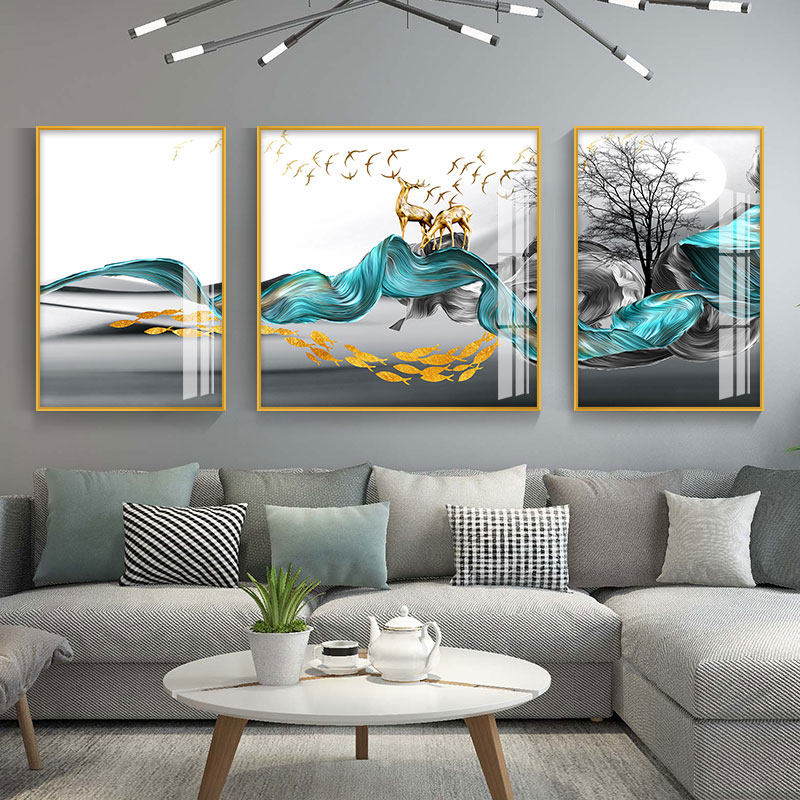 轻奢大气客厅背景墙装饰画北欧风格沙发壁画高档发财鹿黄金树挂画