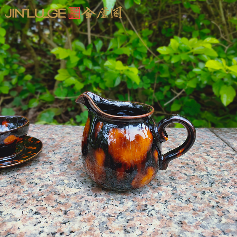 吉州窑玳瑁盏公道杯泡茶过滤高档加厚耐热带把手玻璃公杯陶瓷中式