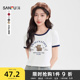 三福短袖T恤女2025新款夏季美式印花撞色短款圆领上衣女装495811