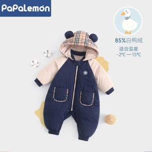 柠檬爬爬三防宝宝保暖羽绒服冬季婴儿轻薄连体衣外出连帽哈衣冬装