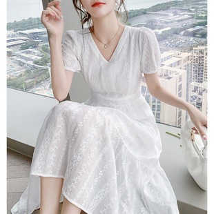 2024新款法式高级感夏季短袖裙子小个子长裙白色蕾丝连衣裙女春季