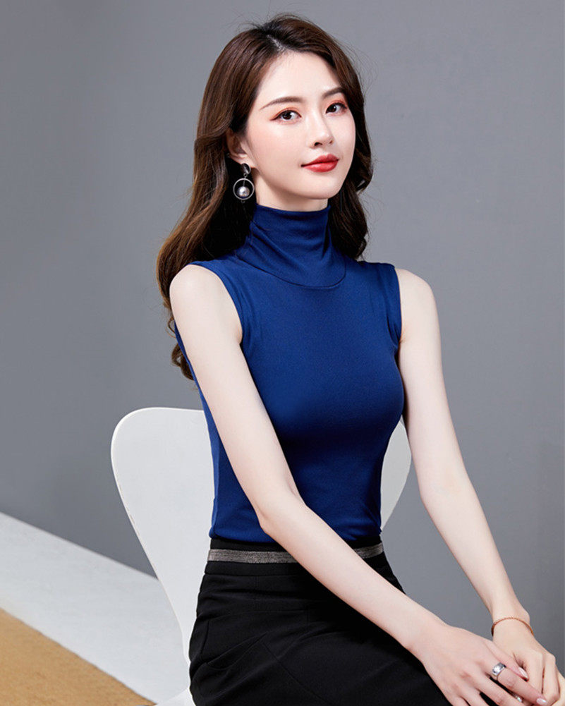 女士无袖高领纱衣打底衫夏季紧身内搭t恤女短款背心网纱黑色上衣