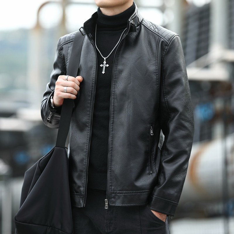 富贵鸟男士中年春秋皮衣外套男机车秋冬加绒加厚中老年立领皮夹克