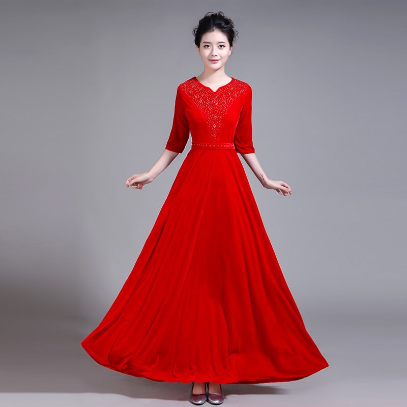 2018新款金丝绒合唱服装女成人中老年学生金丝绒大合唱演出服长裙|msdalam kategori Butik wanita / wanita, pakaian/pakaian kebangsaan/peringkat pakaian, pakaian kebangsaan/pakaian - dari Buy2taobao.com untuk memberikan perkhidmatan ejen Taobao profesional membeli