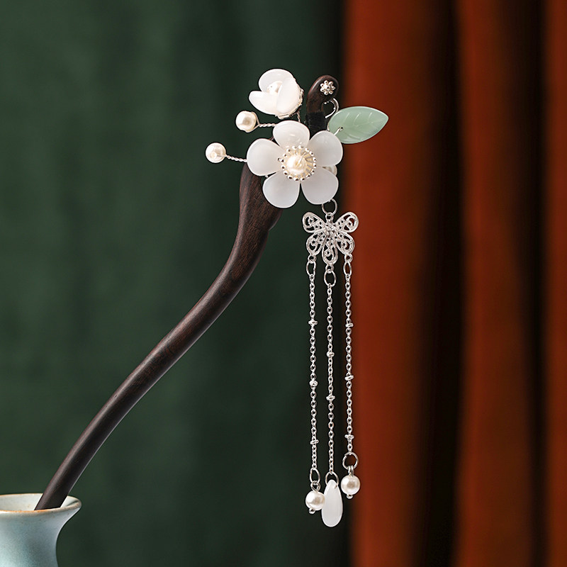 古风发簪盘发木簪琉璃花朵流苏黑檀木汉服头饰简约日常挽发女簪子