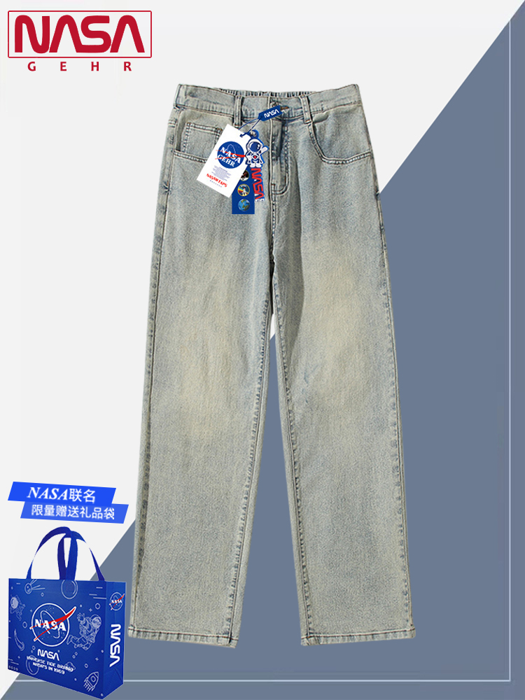 NASA联名夏季棉质黄泥做旧牛仔裤青少年牛仔裤男装帅气学生直筒裤