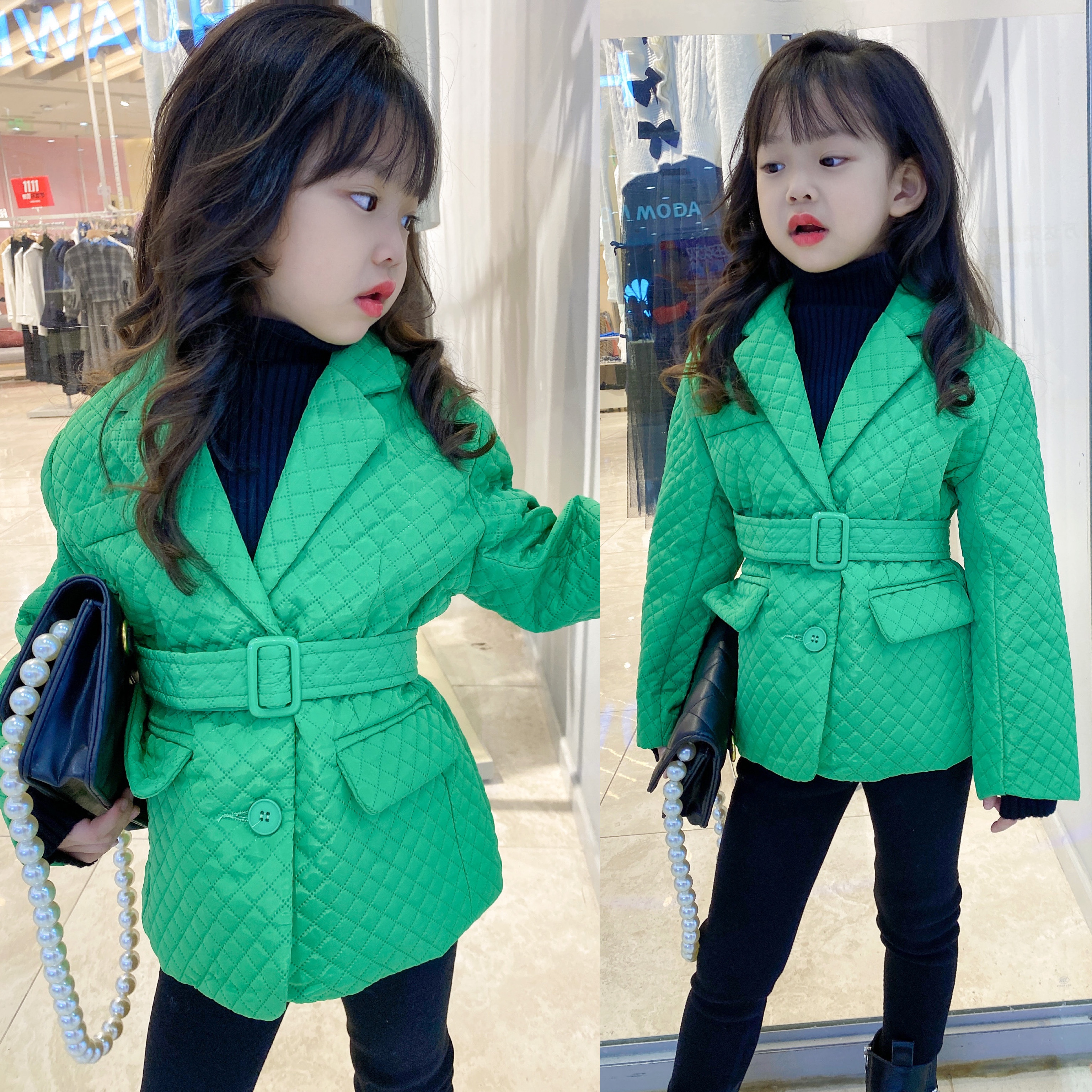 韩国童装女童时尚西装外套2021秋冬新款加棉洋气中长款棉衣走秀潮