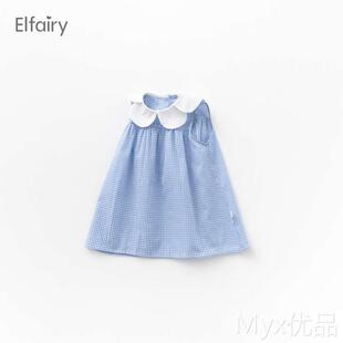 Elfairy宝宝花朵领背心裙女婴儿格子连衣裙儿童女童夏季裙子纯棉