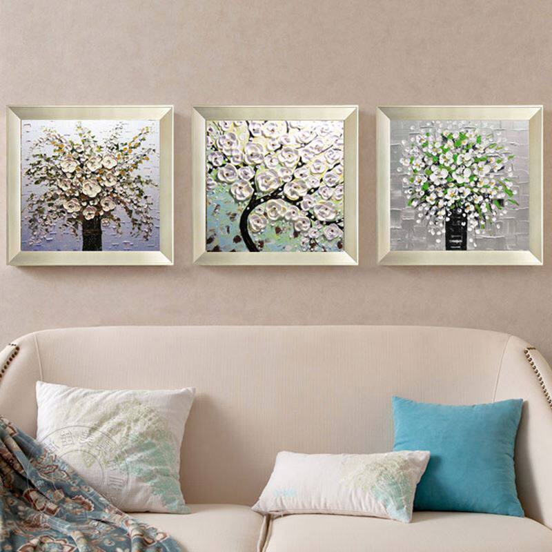 三联画客厅装饰画沙发背景墙壁画简欧式浮雕立体画现代挂画发财树_不