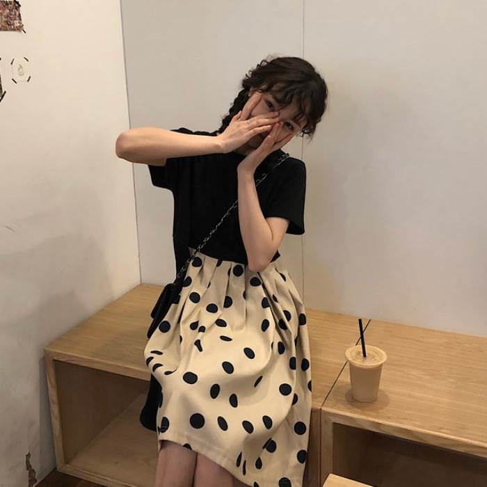 chi修身中长款显瘦连衣裙韩版夏季短袖撞色拼接假两件波点百褶裙在类目 男装, T恤中 - 来自Buy2taobao.com提供专业的淘宝代购服务