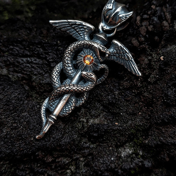 两条蛇复古做旧赫尔墨斯商神权杖吊坠轻奢商人的保护神众神之使者