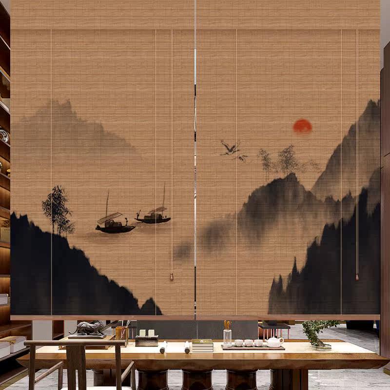 代购印花竹帘卷帘窗帘遮光升降隔断禅意茶室竹门帘子中日式屏