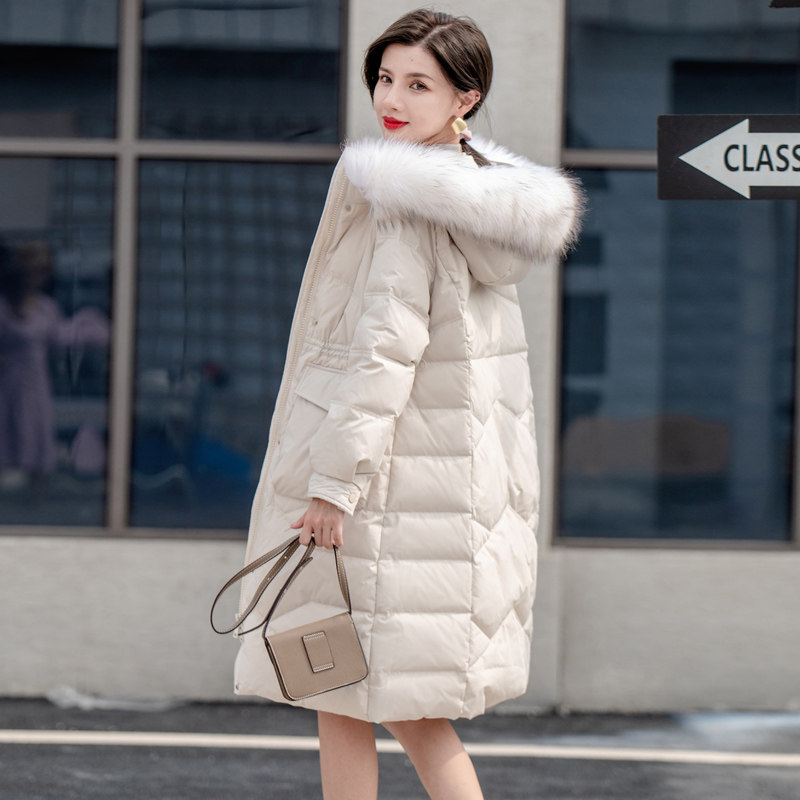 反季2021年新款白鹅绒羽绒服女中长款加厚真毛领韩版收腰高端正品