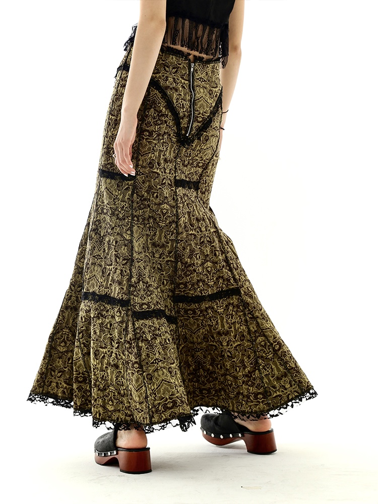 amzien独立原创自制巴洛克复古宫廷风不对称蕾丝拼接提花鱼尾长裙
