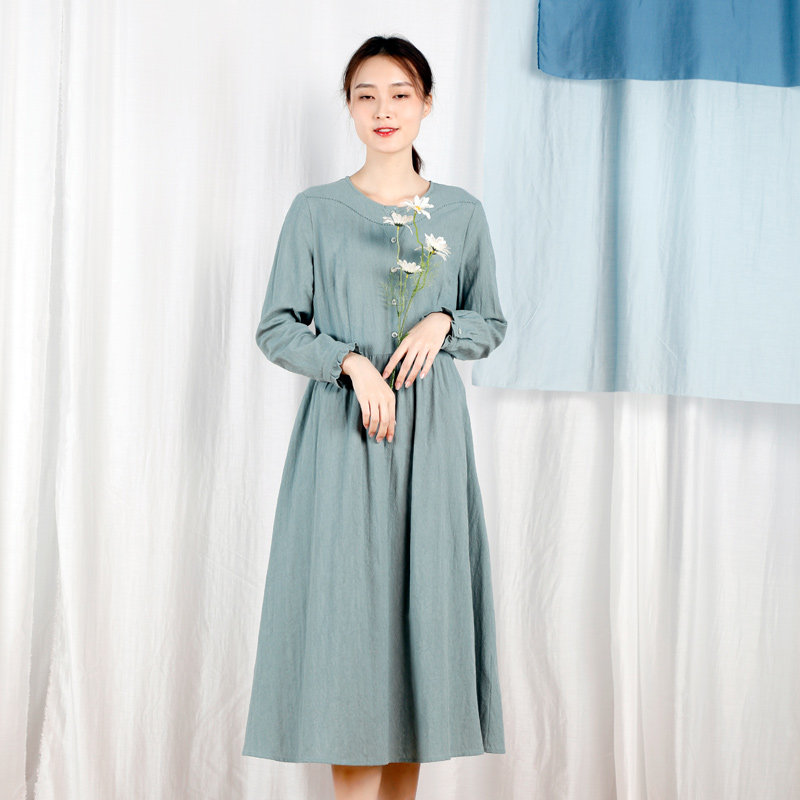 依伽依佳旗舰店的优惠券大全—依伽依佳2020春季新款亚麻长袖连衣裙