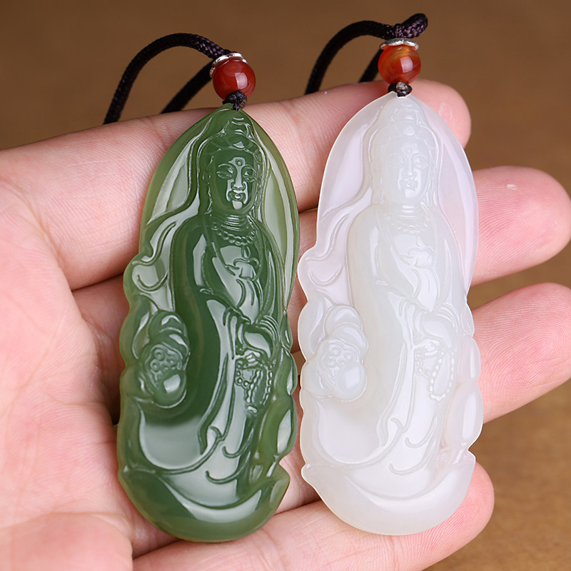 天然和田玉白玉青玉观音吊坠男女玉石站莲观音菩萨佛像玉坠玉佩