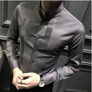 新款格子男士长袖修身衬衫商务时尚休闲免烫印花韩版潮流灰色衣装