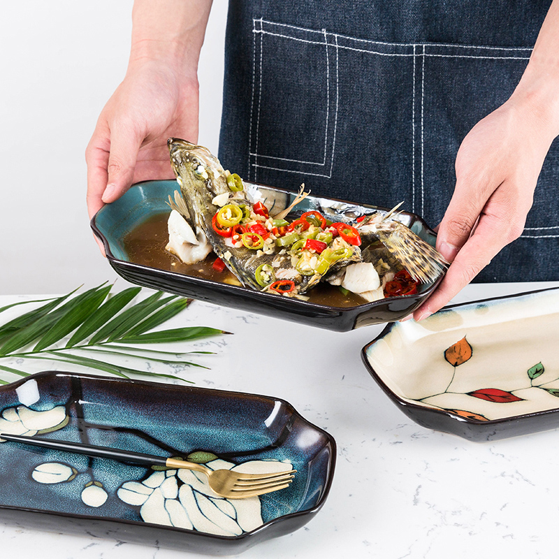 玉泉陶瓷韩式八角鱼盘菜盘家用盘子创意手绘可微波健康餐具