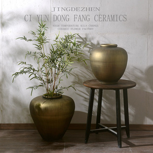 新中式复古铜花瓶落地缸种花盆仿金属高级感花瓶摆件样板间装饰品