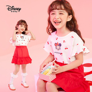 迪士尼童装女童夏季裙子套装纯棉中小童短袖半身裙两件套90-150码