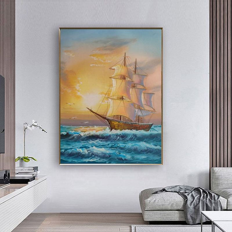 手绘油画 客厅餐厅书房海景帆船装饰画 入户玄关一帆风顺挂画壁画