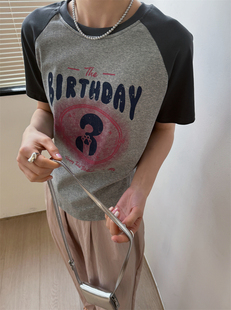 韩版撞色字母印花小版显瘦短袖T恤女夏装时尚小个子圆领短款上衣