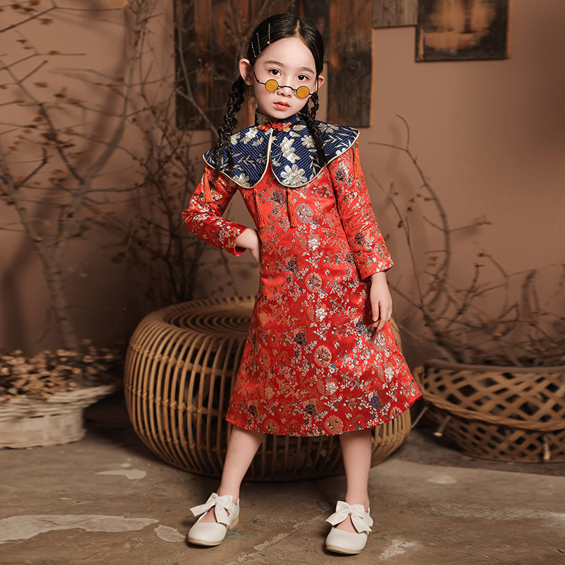 儿童旗袍秋款中国风改良女童高端红色长袖拜年服小女孩连衣裙冬季