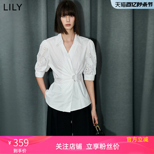 LILY2024夏新款女装设计感不对称腰带浪漫泡泡袖衬衫雪纺衫上衣女