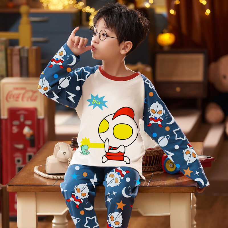 芬腾奥特曼儿童睡衣男孩春秋季纯棉长袖男童家居服中大童宝宝小孩