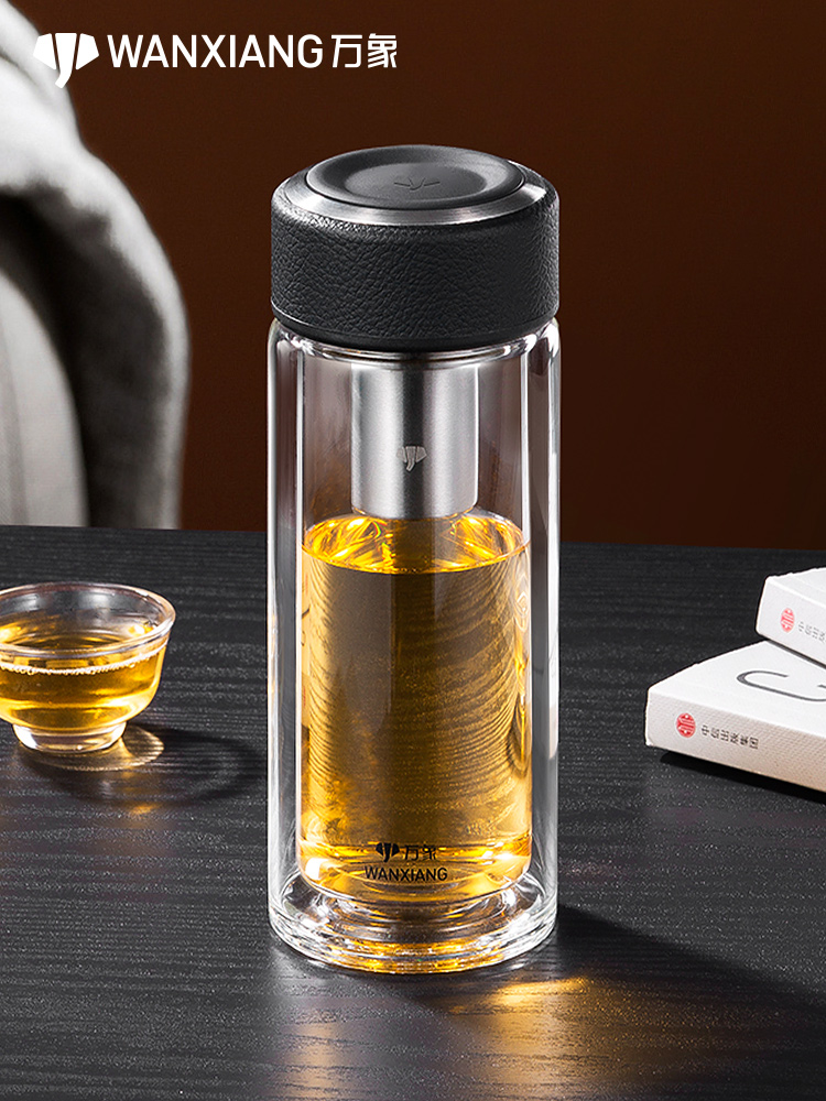 万象黑白纯色玻璃杯子双层透明泡茶杯圆形男士茶水杯分离耐热送礼