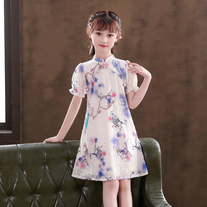 女童连衣裙夏薄款2021新款洋气女孩夏装改良旗袍裙泡泡袖儿童裙子