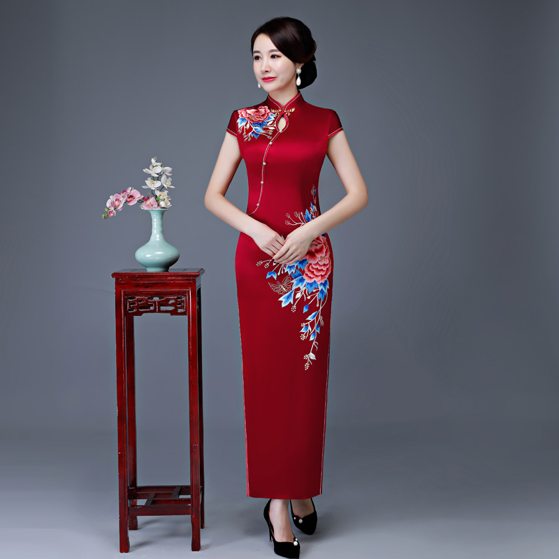 婚礼新款高端刺绣酒红色中国风长袖旗袍妈妈喜婆婆婚宴礼服连衣裙