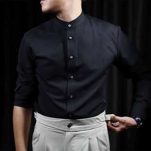 高端白色中华立领衬衫男新中式小圆领修身高级感黑色纯棉长袖衬衣