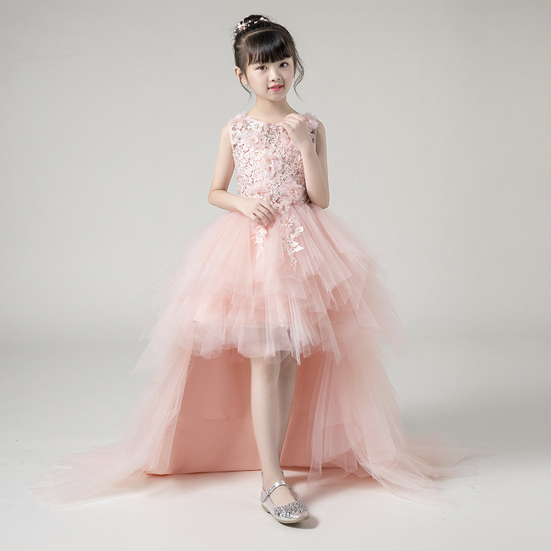 儿童婚纱拖尾女童走秀钢琴演出服花童小女孩公主裙主持人礼服夏季