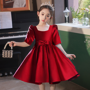 缎面红色花童小女孩高端礼服儿童主持人生日公主裙女童钢琴演出服