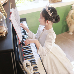女童公主裙长袖白色套装花童婚礼小女孩礼服儿童钢琴演出服女秋冬