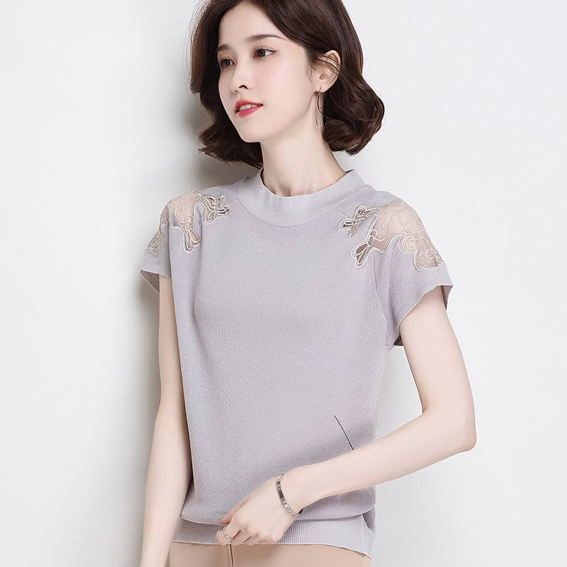 冰丝针织衫薄款短袖t恤女2019夏装新款韩版休闲蕾丝镂空打底上衣