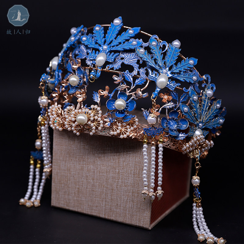 思华年 仿点翠蓝婚服凤冠霞披头饰古典大气明制发冠宋制婚冠发冠