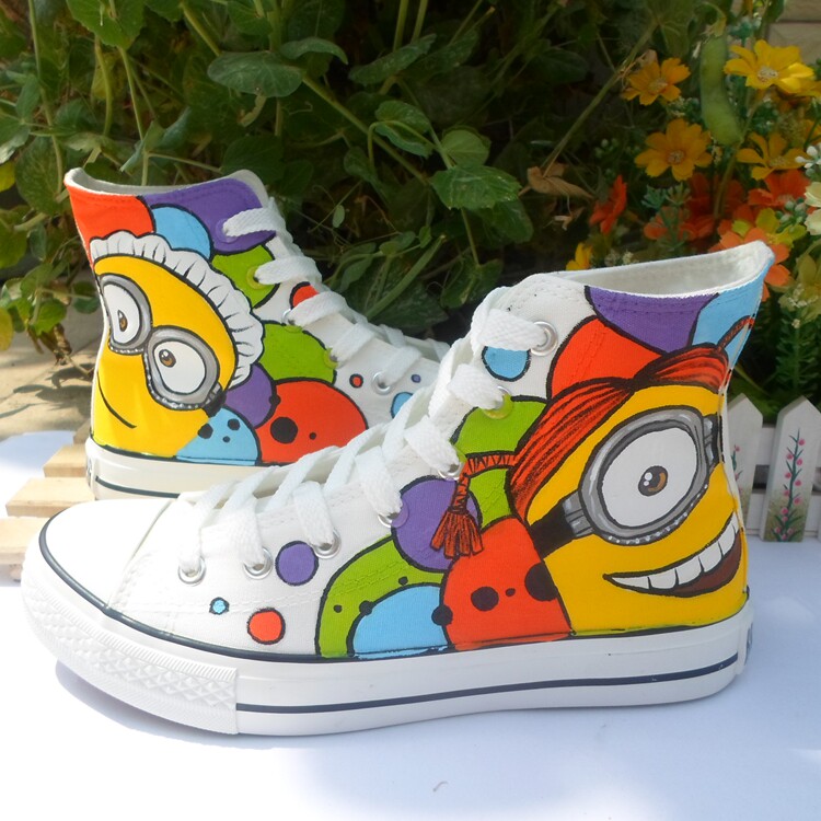 新款小黄人手绘鞋女鞋春春高帮帆布鞋女ulzzang百搭休闲学生板鞋