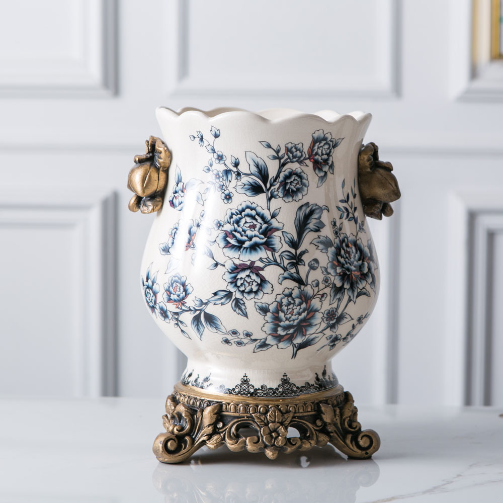 欧式陶瓷花瓶中口径复古青花瓷家用客
