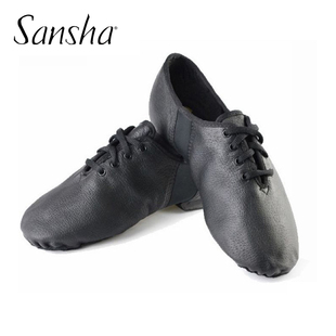 Sansha三沙爵士鞋 男 女考级练功舞蹈鞋低腰系带真皮带跟软鞋JS2
