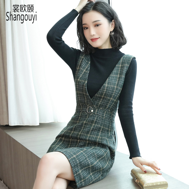 格子背带连衣裙秋冬女2019新款毛呢背心裙小香风马甲裙两件套洋气在类目 女装/女士精品, 连衣裙中 - 来自Buy2taobao.com提供专业的淘宝代购服务