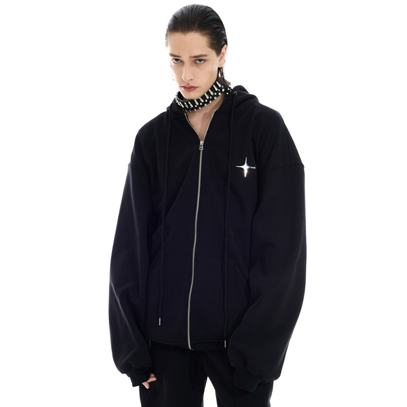 anterior 21aw 基础潮流宽松休闲480g重磅纯黑色带帽卫衣开衫外套