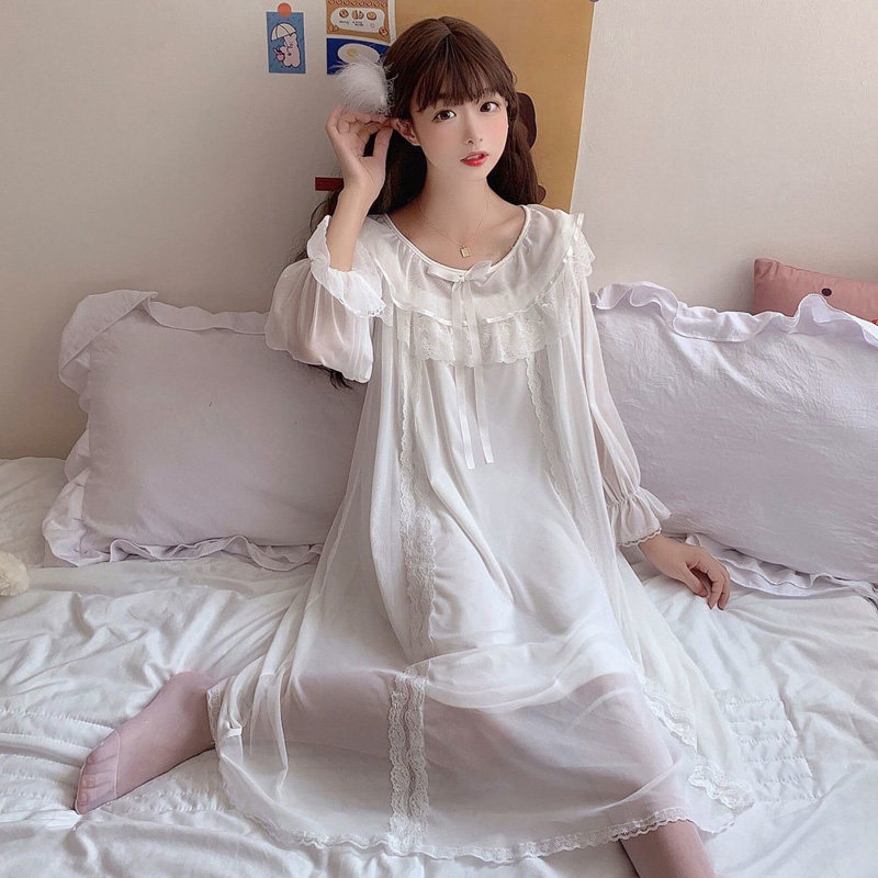 纯欲风睡衣女春秋新款夏宫廷公主蕾丝夏季少女网纱睡裙长款家居服 –